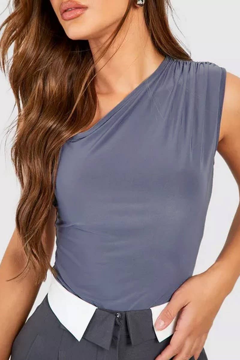 CWSBSSL0123_SEXY SLIM FIT ONE-SHOULDER RUCHED BODYSUIT