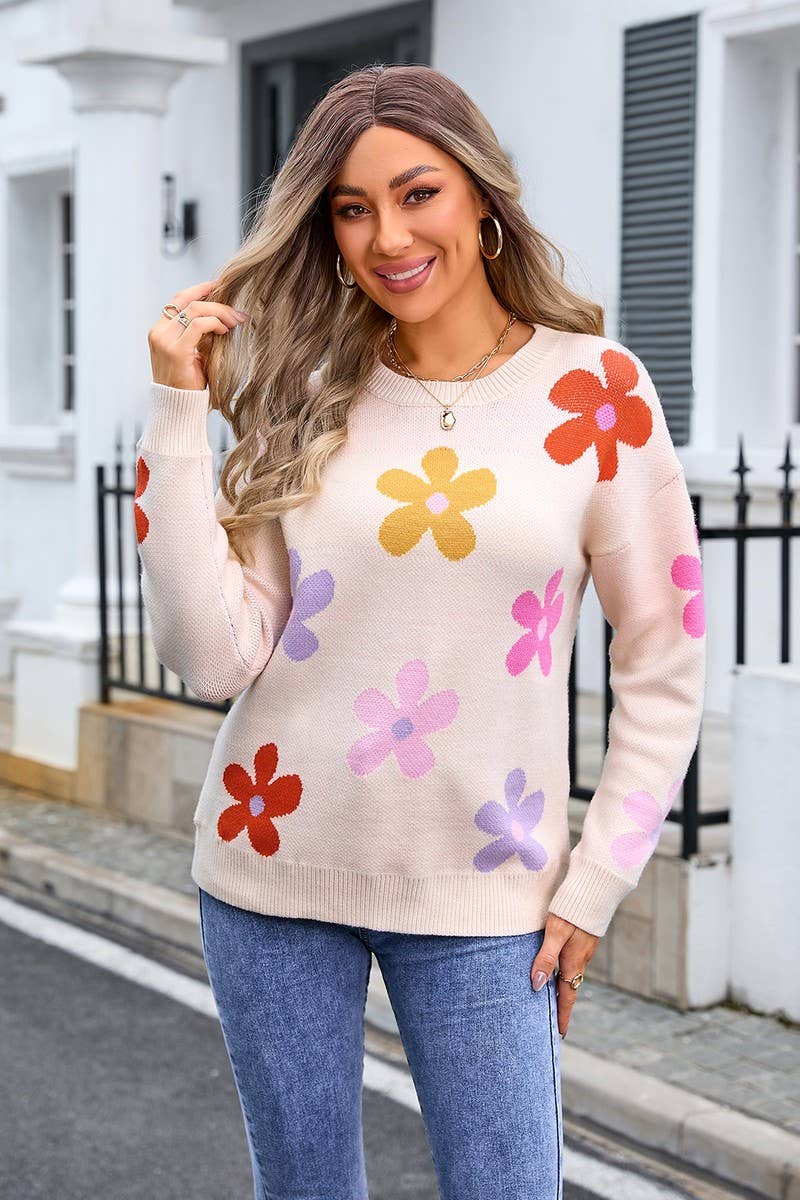 CWOSWL3103_CREW NECK FLORAL PULLOVER SWEATER