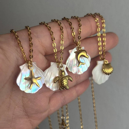 SUMMER STARFISH SHELL STAINLESS STEEL NECKLACE_CWMM3745