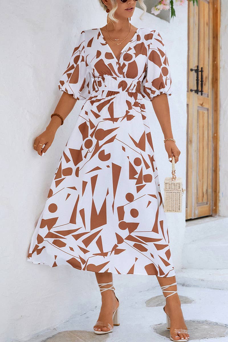 CWDTD0404_WOMEN'S V-NECK PUFF SLEEVE DRESS