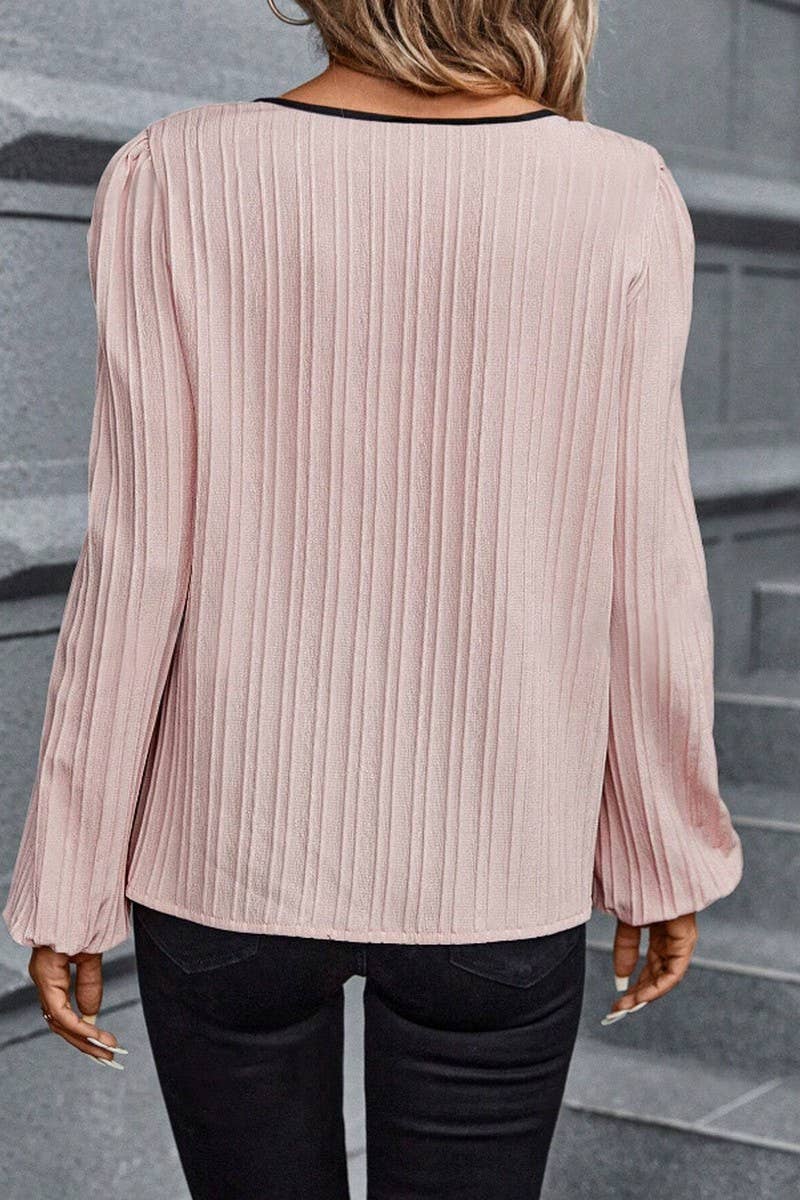 CWTBLL4007_COLORBLOCK V-NECK PUFF SLEEVE LONG SLEEVE SHIRT