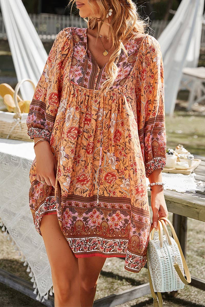 CWDSD10494_CONTRAST COLOR TIE THREE-QUARTER SLEEVE DRESS