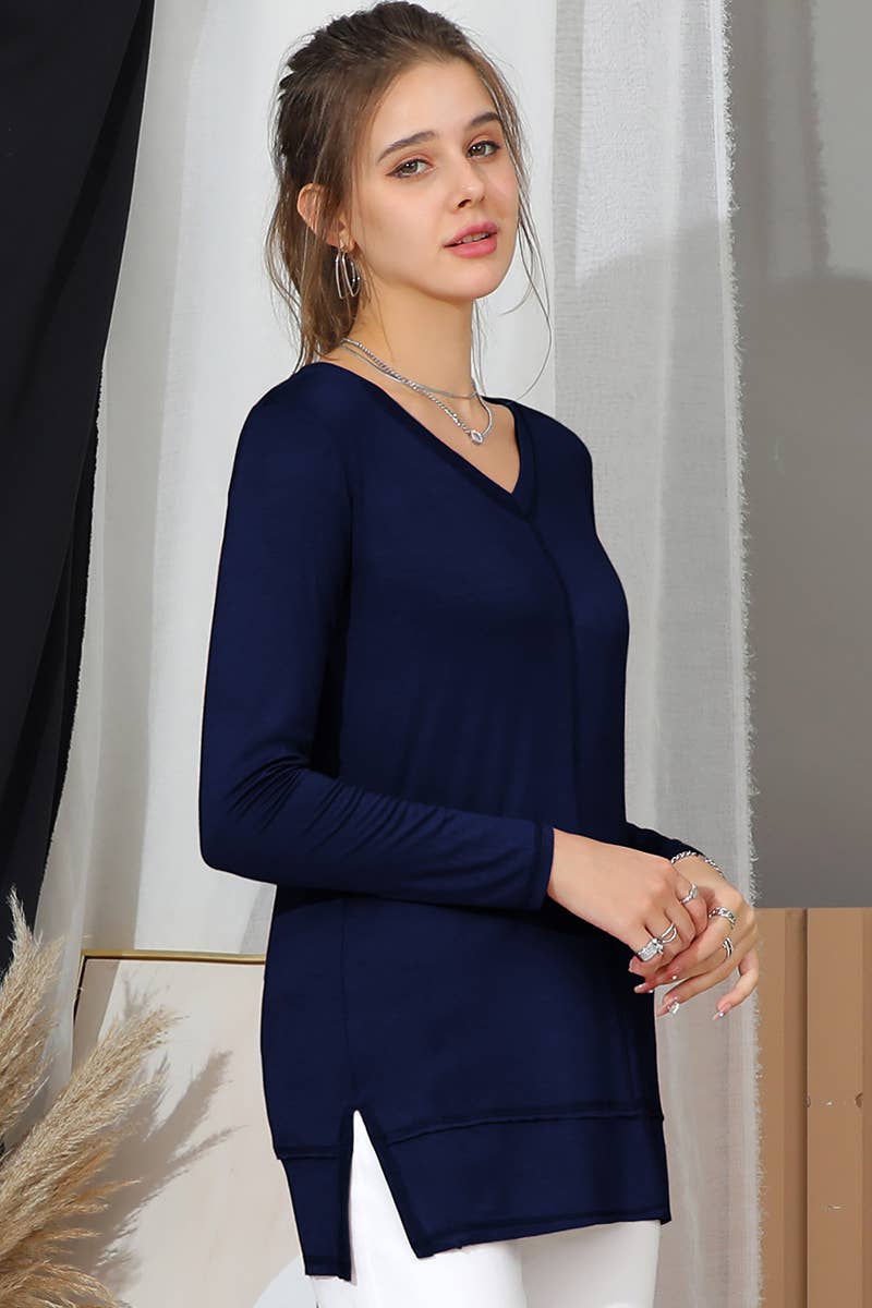 CWTTL1473_Casual V-Neck Loose Fit Long Sleeve Tops