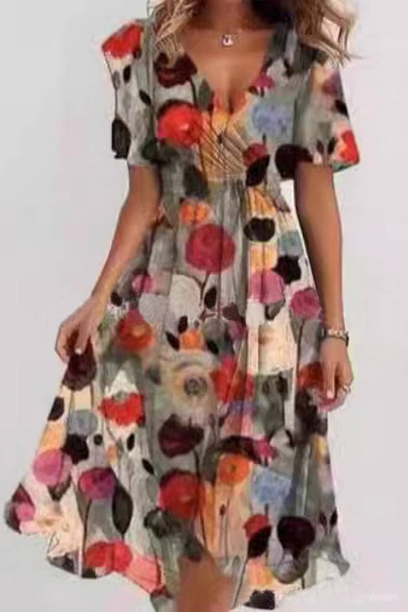 CWDMD01029_LOOSE AND CASUAL V-NECK FLORAL PRINT DRESS