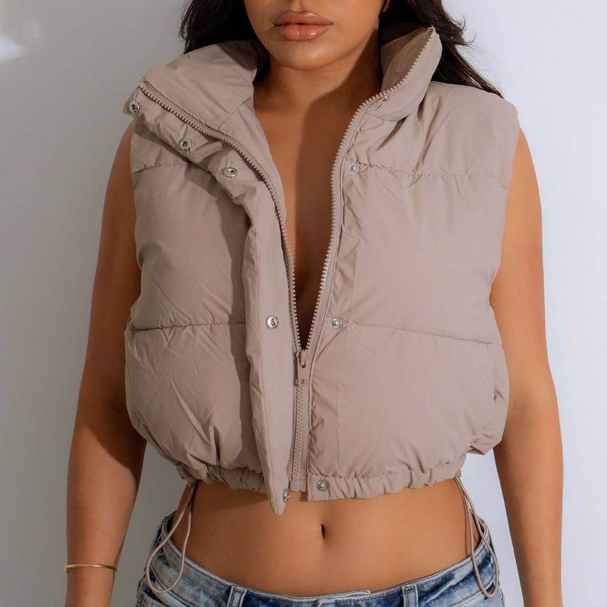 BEAUTY SOLID COLOR STAND-UP COLLAR ZIPPER VEST