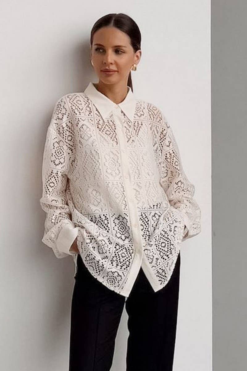 CWTBLL542_JACQUARD MICRO-SEE-THROUGH HOLLOW SHIRT