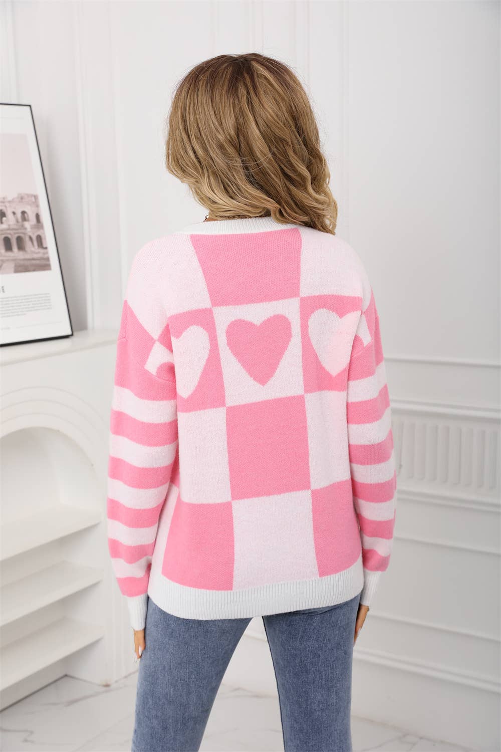 Color check pullover Valentine's Day sweater