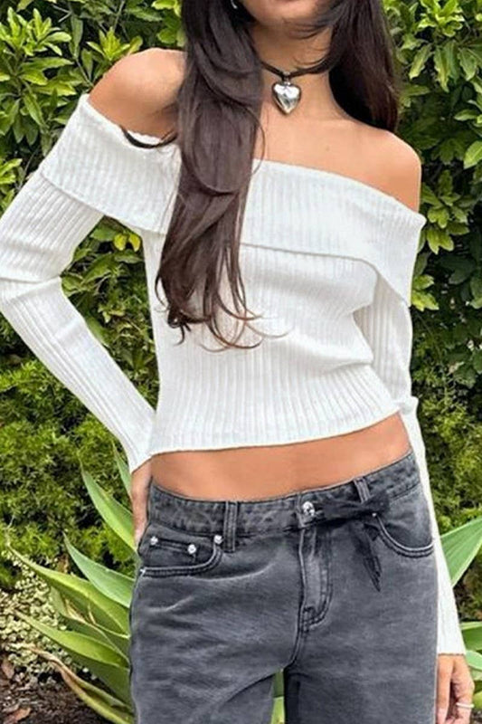 CWTBLL00729_OFF SHOULDER CROPPED WHITE KNIT SWEATER