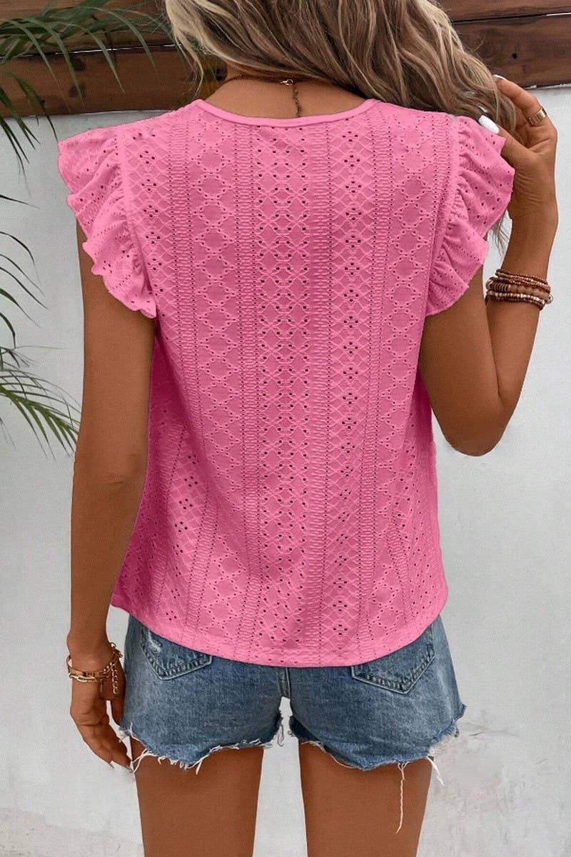 CWTBLS0605_ ROUND NECK LACE RUFFLE SHORT SLEEVE BLOUSE TOP
