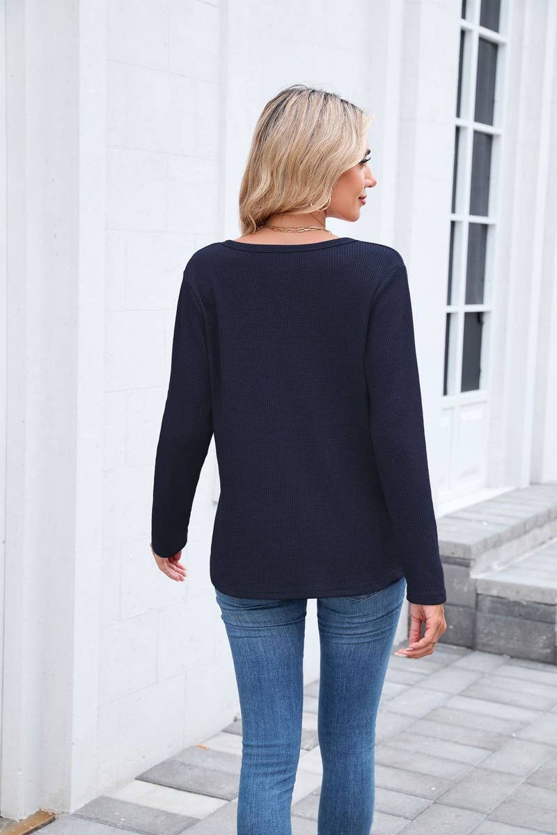 CWTBLL01294_V-NECK WAFFLE LONG-SLEEVED LOOSE T-SHIRT TOP