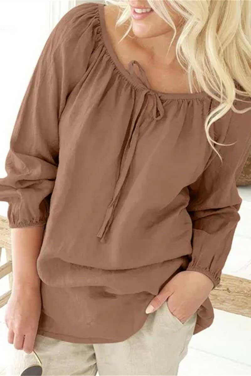 CWTBLL1333_V-NECK LOOSE-FITTING COTTON AND LINEN SHIRT