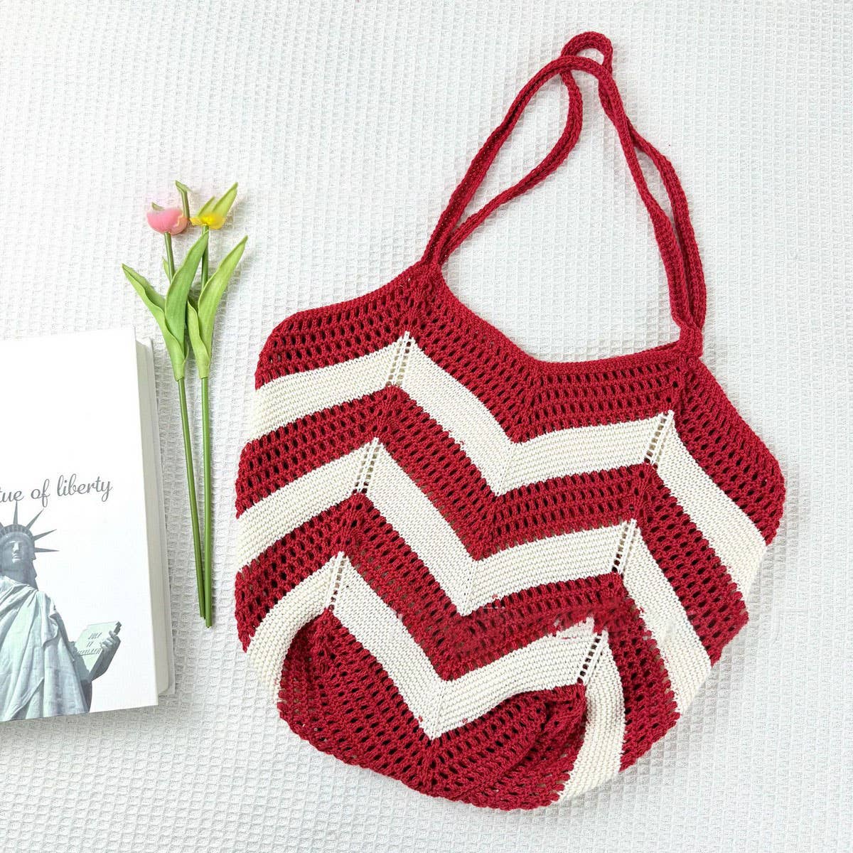 CUAB00635_2025 LARGE STRIPED KNIT WOVEN TOTE SHOULDER BAG