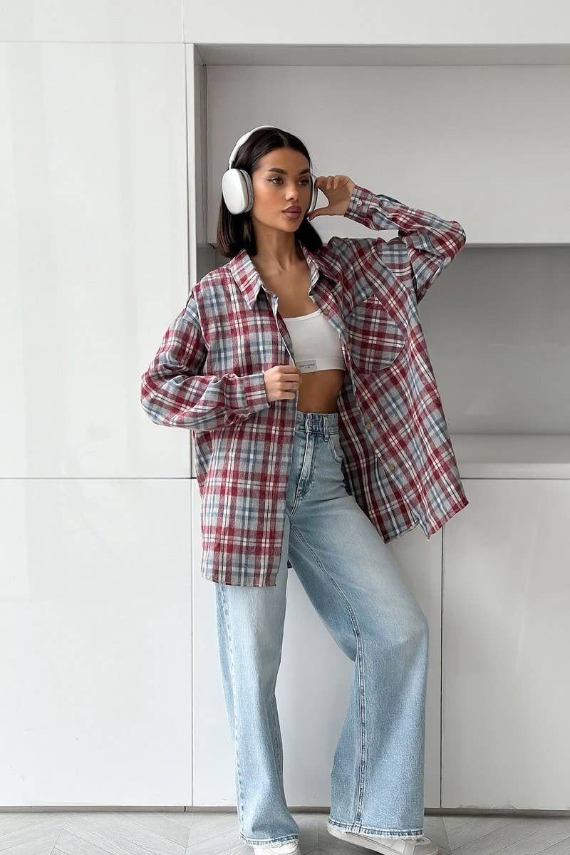CWTBLL00597_LOOSE RETRO PLAID LONG SLEEVE SHIRT TOP