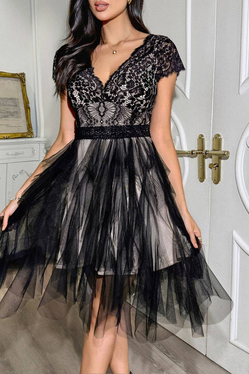 CWDSD10832_V-NECK ELEGANT LACE SHORT SLEEVE MINI DRESS