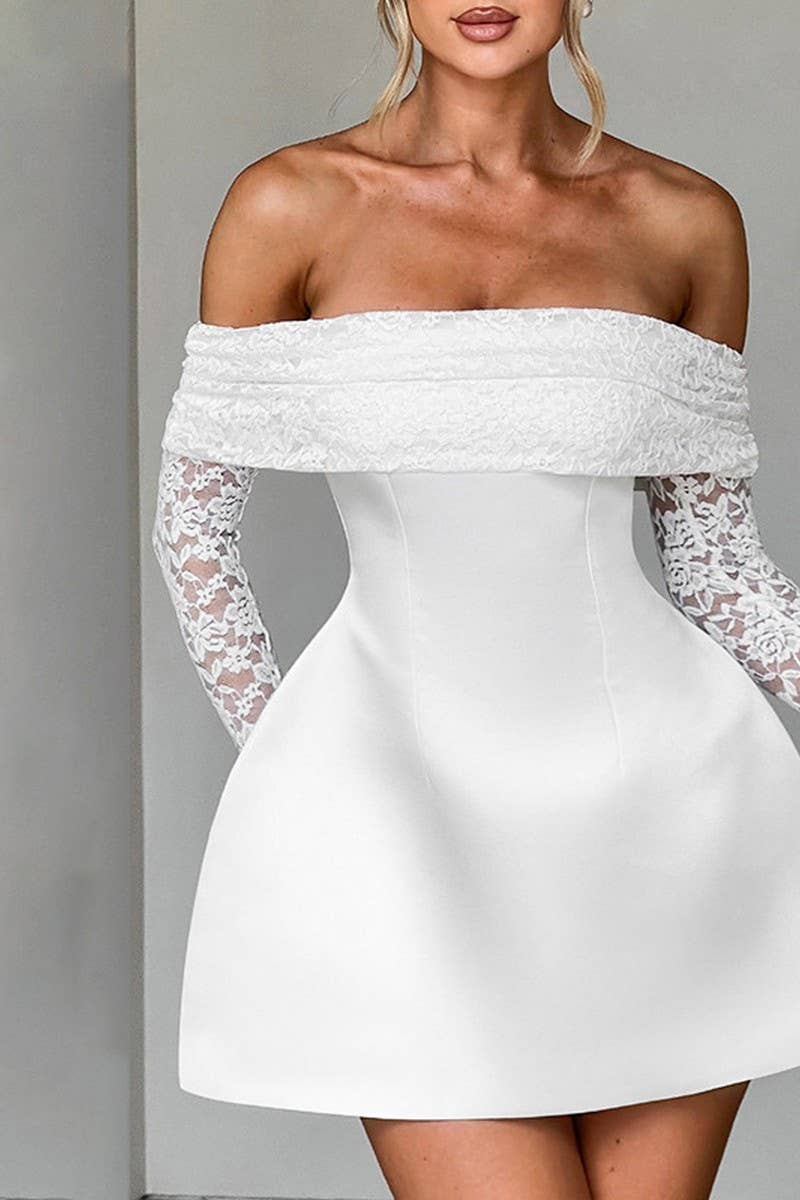 CWDTD0484_OFF SHOULDER LACE PATCHWORK A-LINE DRESS