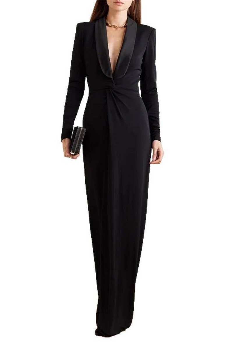 CWDMD6395_SEXY DEEP V PLEATED LONG DRESS SOLID COLOR DRESS