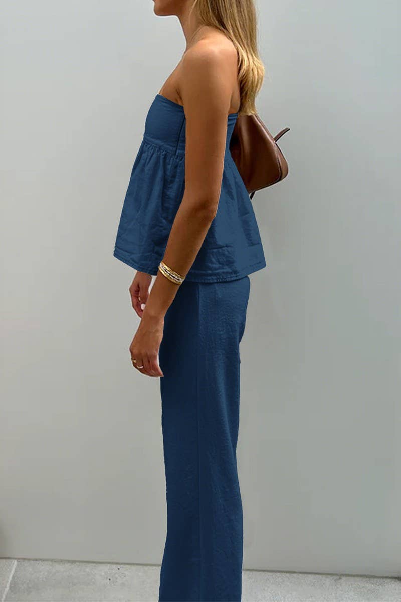 CWSTB00446_CASUAL STRAPLESS TOP AND STRAIGHT PANTS SET