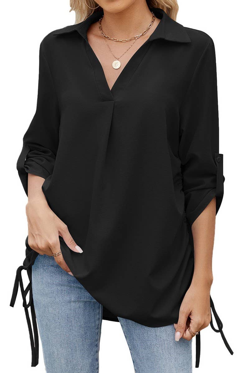 CWTBLS1796_SPRING AND SUMMER SOLID COLOR LAPEL LOOSE SHIRT