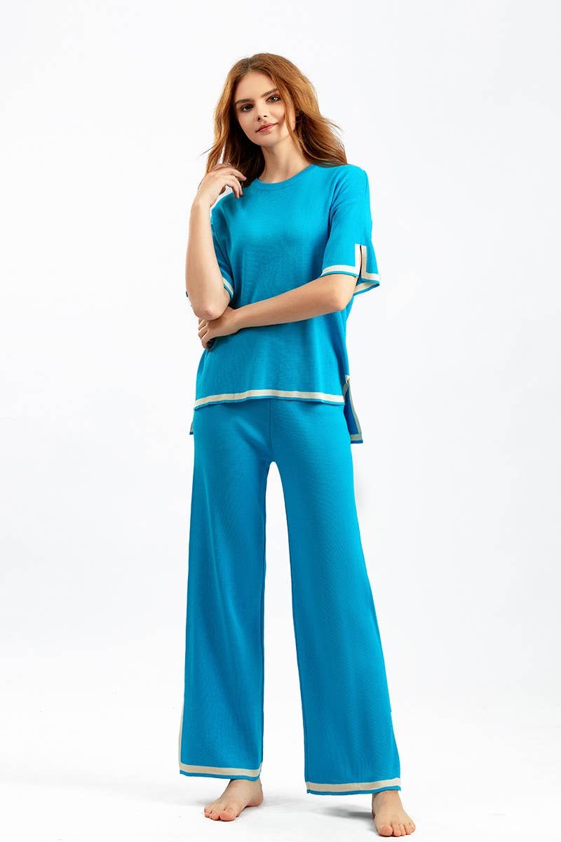 CWSTB00422_COLORBLOCK KNIT TOP & HIGH WAIST WIDE LEG SET