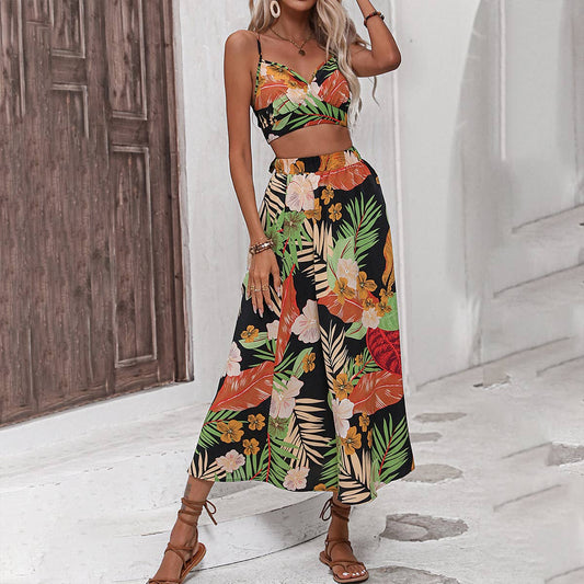 Casual patchwork printed halter dress two-piece