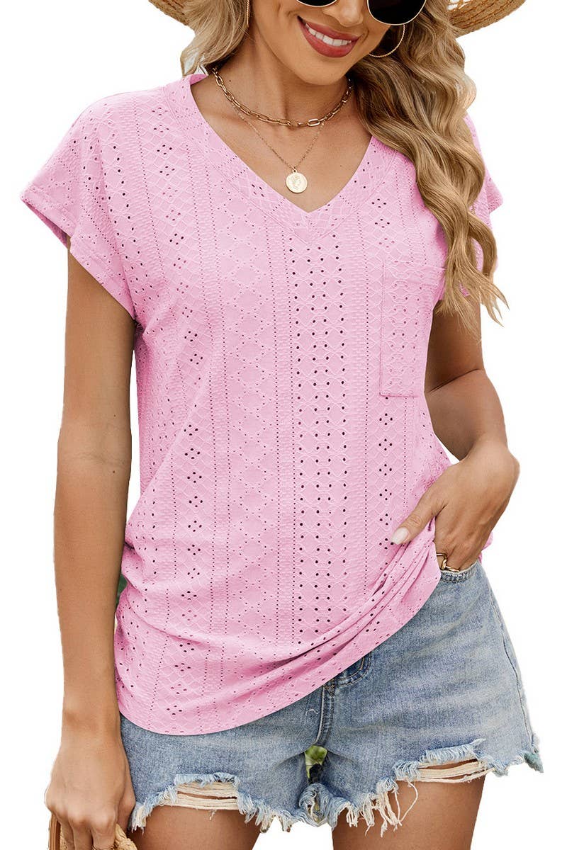 CWTBLS2283_V-NECK RUCHED SIDE POCKET SHORT SLEEVE TEE