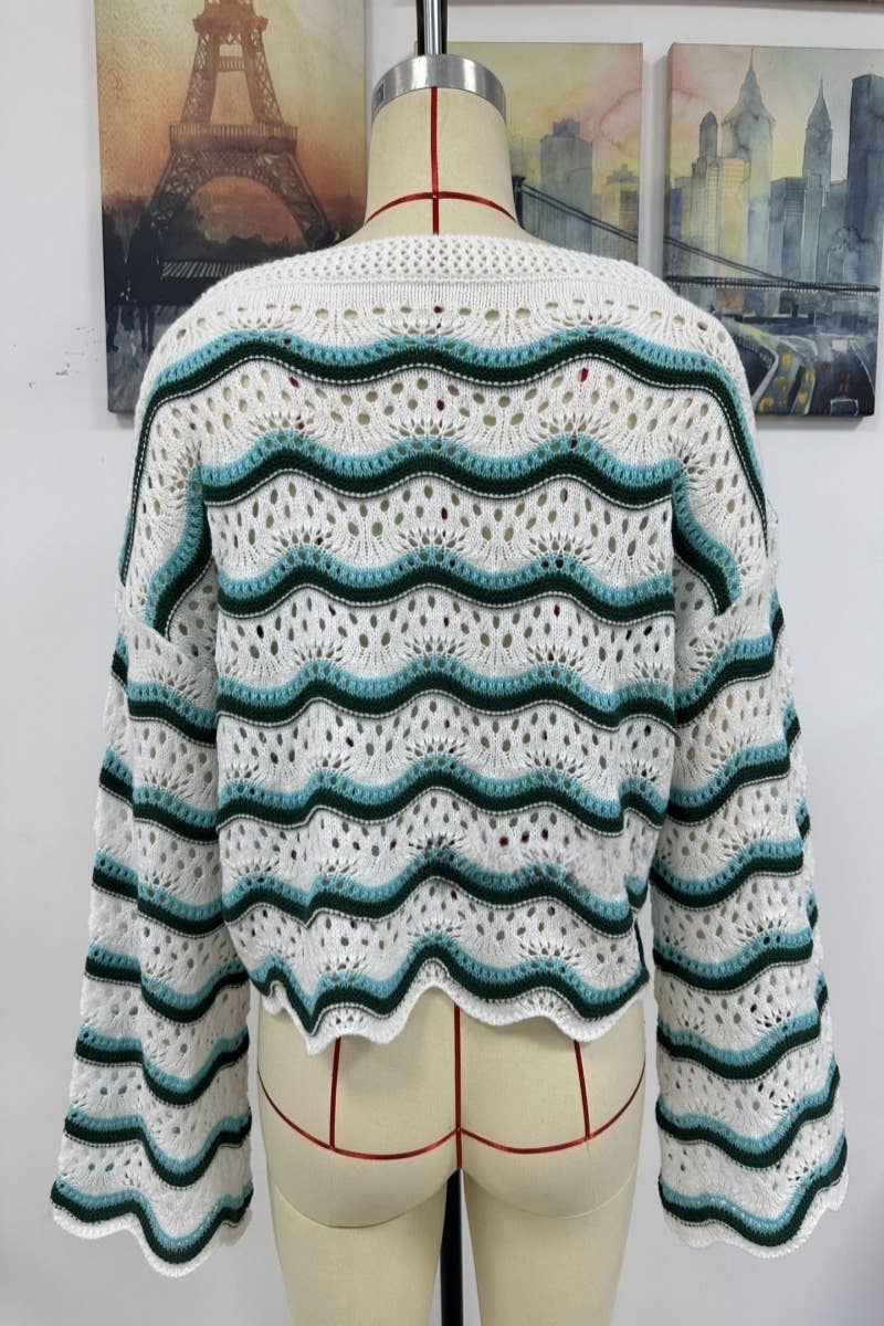 CWOSWL603 Flare Sleeved Round neck Hollowed Out Sweater