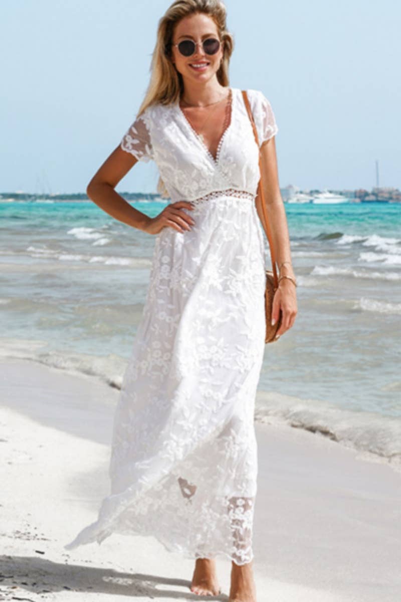 CWDMD3108_MESH STITCHING LACE SHORT SLEEVE DRESS LONG