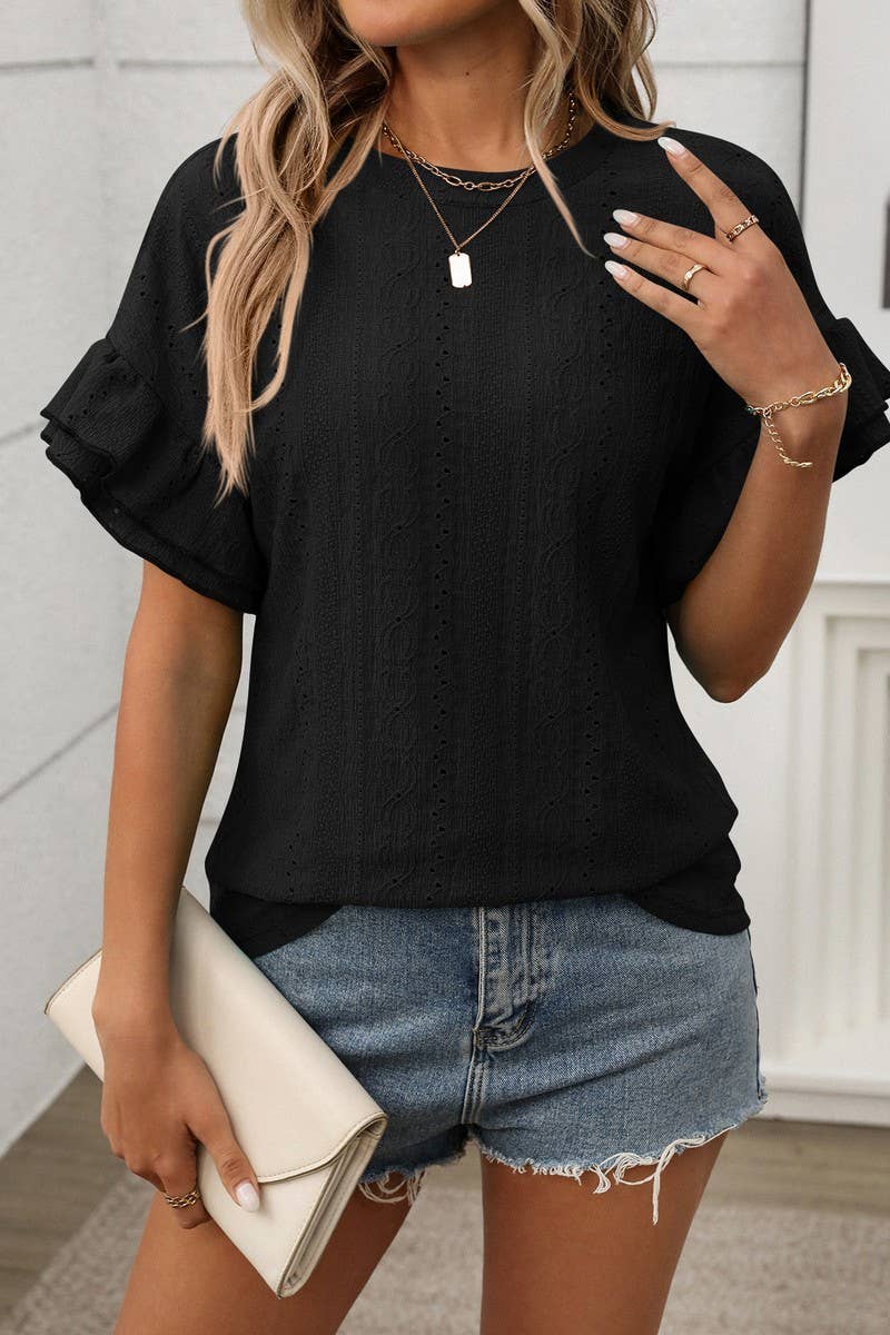 CWTBLS1719_ROUND NECK RUFFLE SLEEVE SHORT SLEEVE T-SHIRT TOP