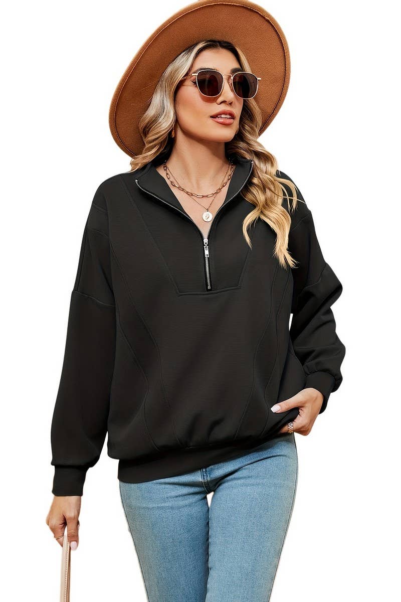CWTBLL2399_ZIPPERED STAND COLLAR POCKET CASUAL SWEATSHIRT