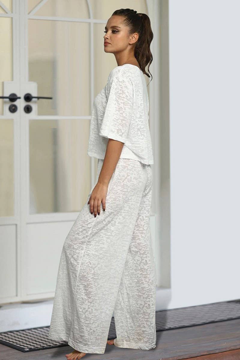 CWSPJ0205_SOLID COLOR KNITTED HOME PAJAMAS TWO-PIECE SET