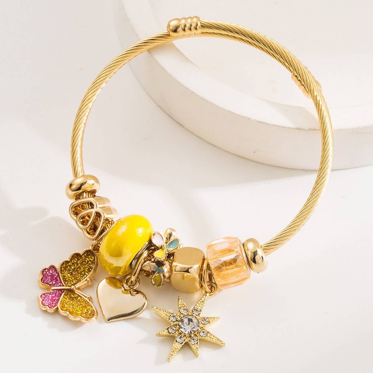 Beaded Steel Bracelet with Enamel Butterfly & Star_CWMM8564