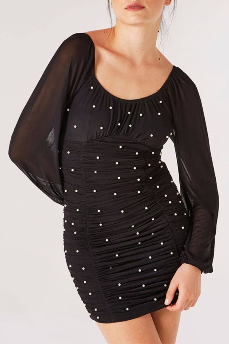 CWDSD4358_MESH LONG SLEEVE PLEATED BEADED DRESS SHORT