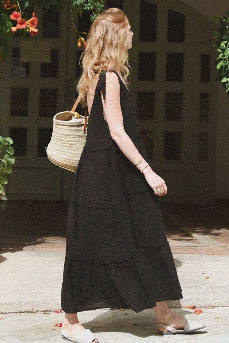 COTTON AND LINEN PATCHWORK LACE-UP DRESS