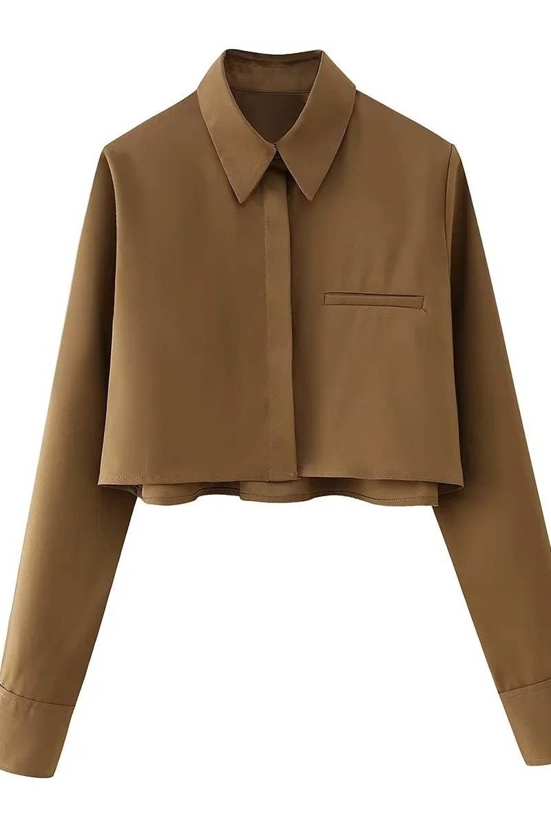 CWTSTL2451_STRIPED LAPEL SINGLE BREASTED CROPPED NAVEL SHIRT