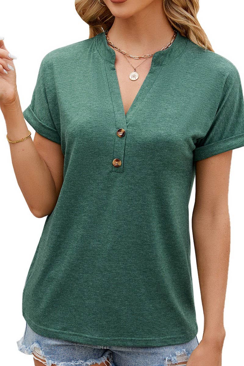 CWTBLS0866_V-NECK SOLID COLOR BUTTON-DOWN SHORT-SLEEVED TOP