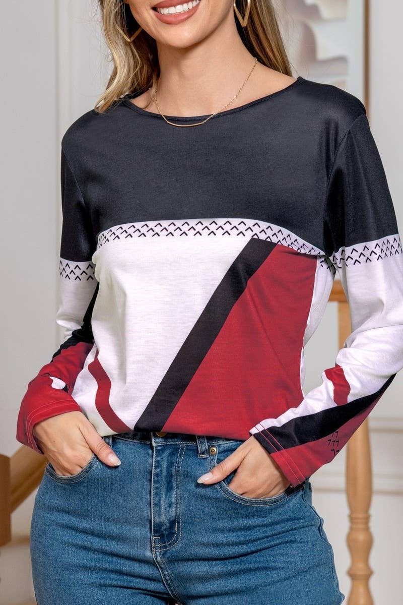 CWTBLL01155_GEOMETRIC COLOR-BLOCK LONG-SLEEVED T-SHIRT