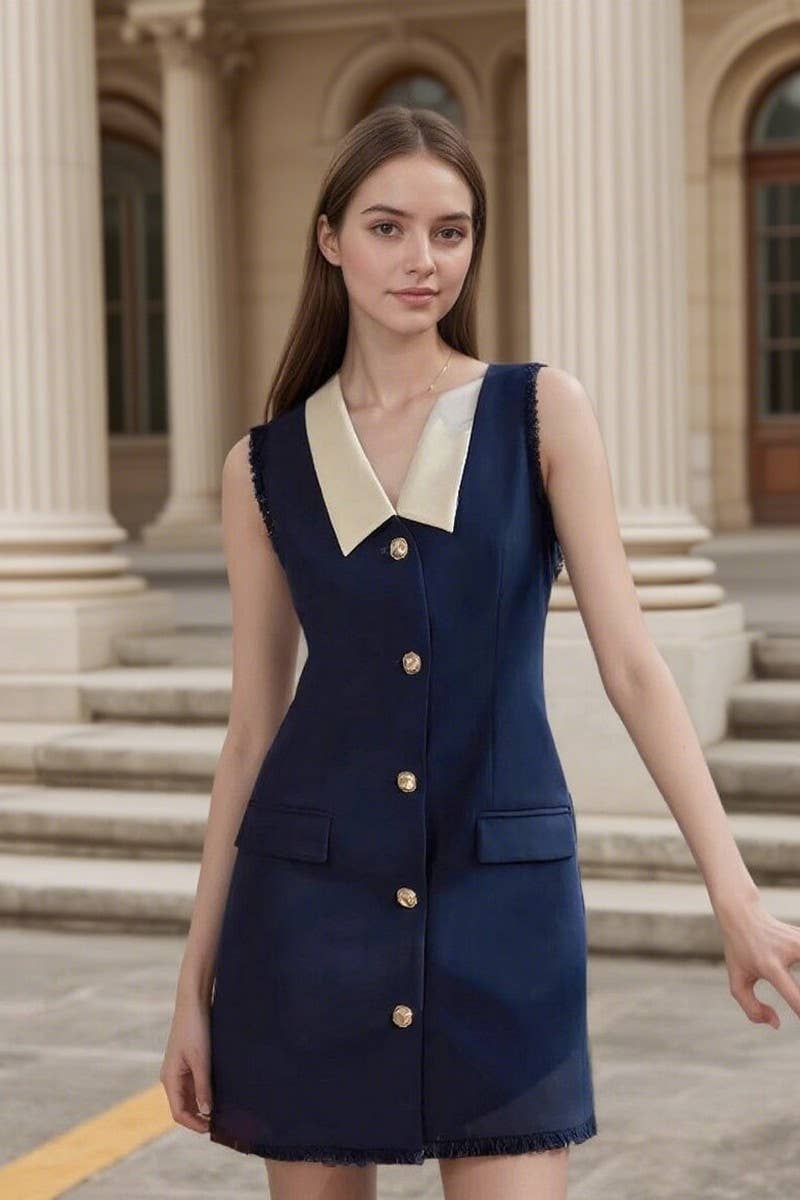 CWDSD8841_SLEEVELESS WHITE COLLAR PATCHWORK BUTTON DRESS