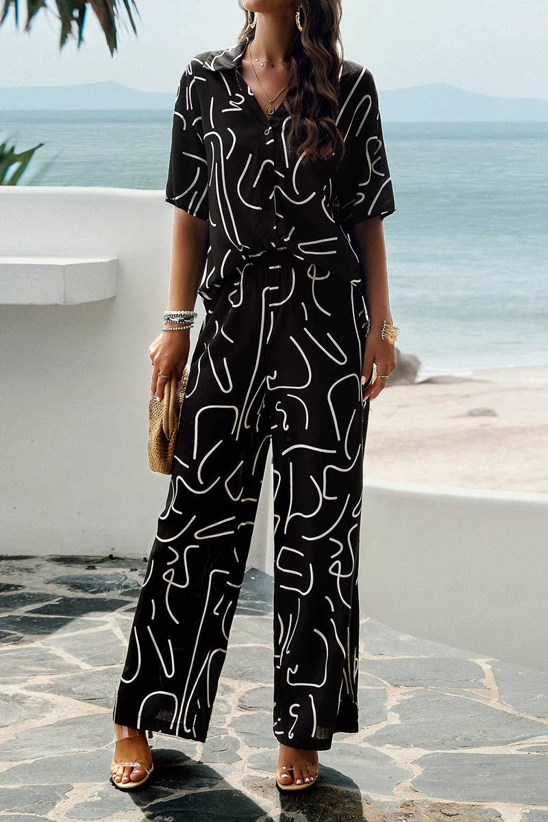 CWSTB0340_Button Down Long Slv Print V-Neck Long Pants Set