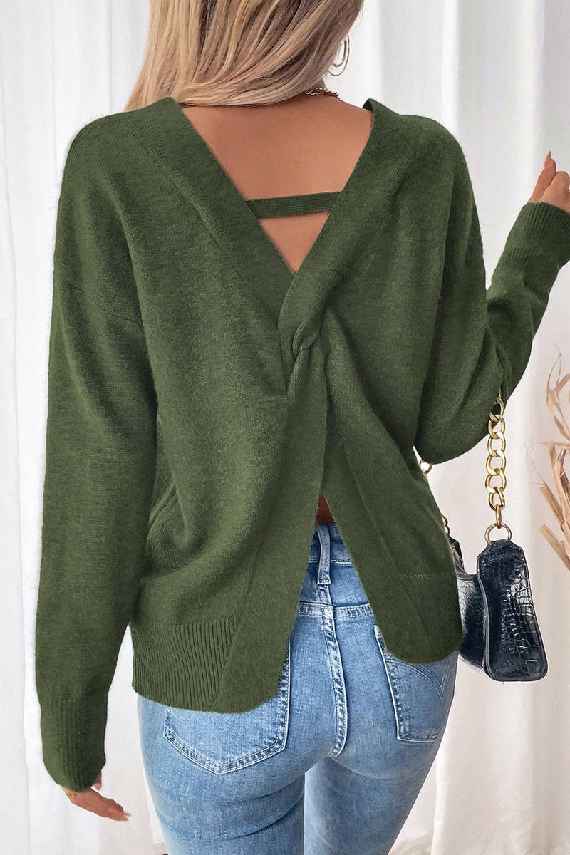 CWOSWL6842_LOOSE V-NECK TEMPERAMENT BACKLESS SLIT SWEATER