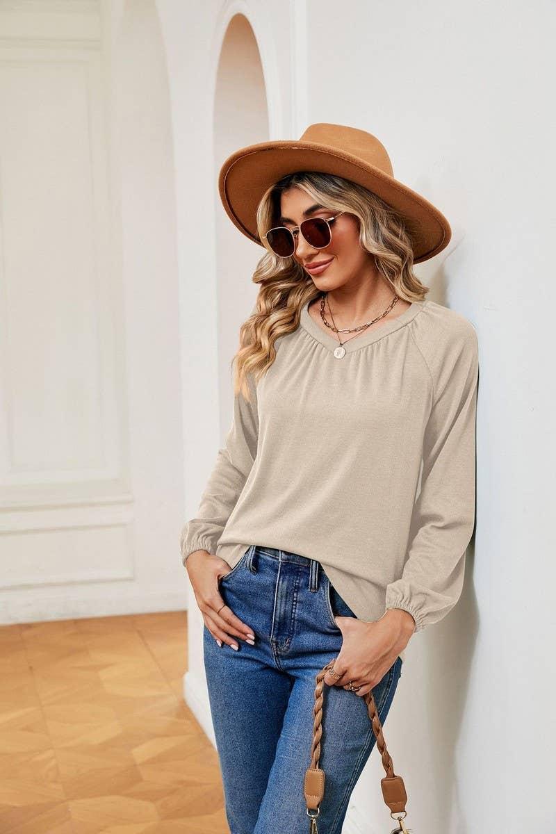 CWTBLL2370_LONG SLEEVE V NECK PLEATED LOOSE PULLOVER