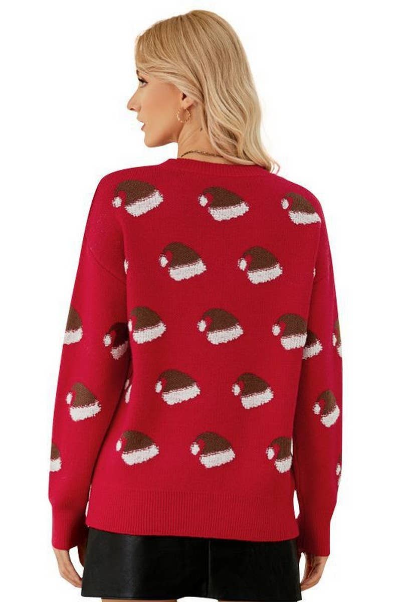 CWOSWL2495_SANTA HAT CREWNECK CHRISTMAS SWEATER