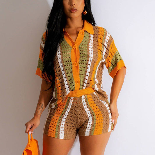 CUT-OUT SEE-THROUGH LAPEL KNIT SHORTS SET