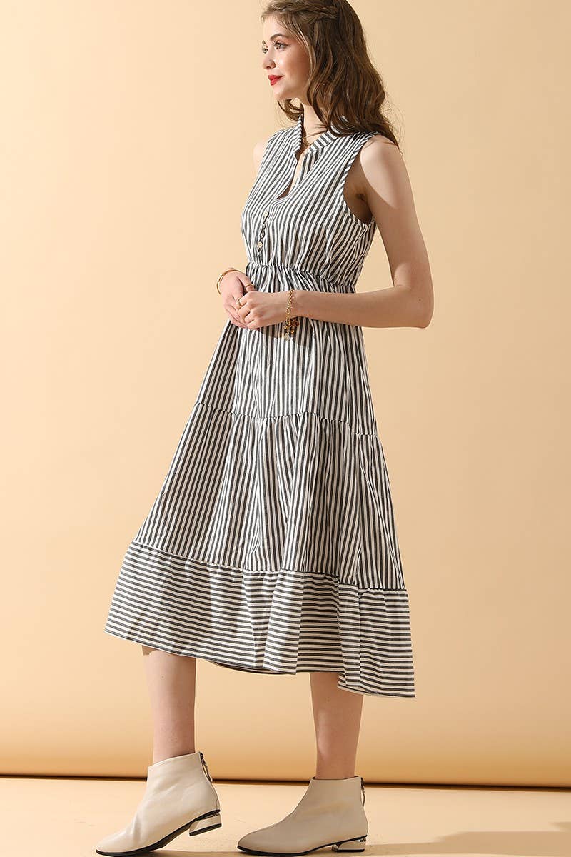 CWDMD821_STRIPE SLEEVELESS SHIRT COLLAR CANCAN DRESS