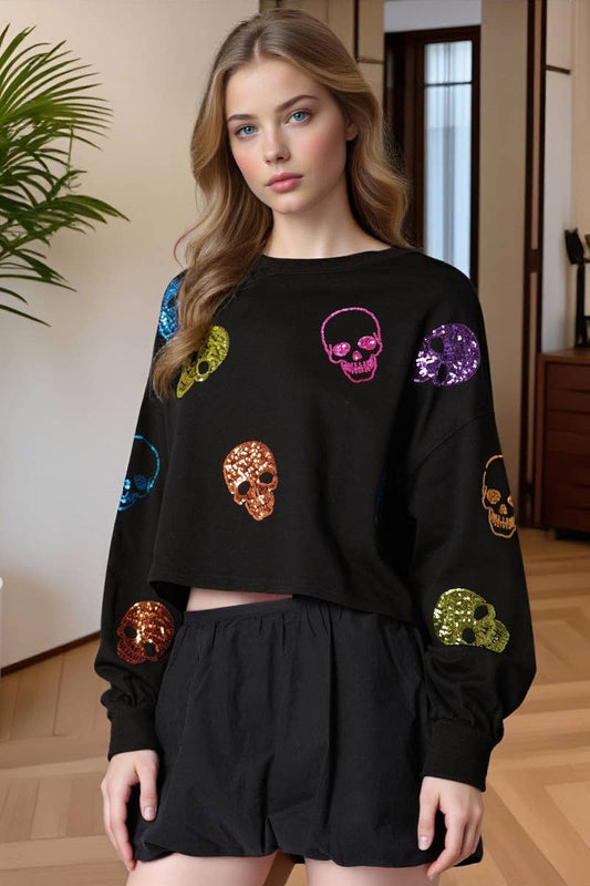 CWTBLL01262_HALLOWEEN SKULL SEQUIN LOOSE SWEATSHIRT