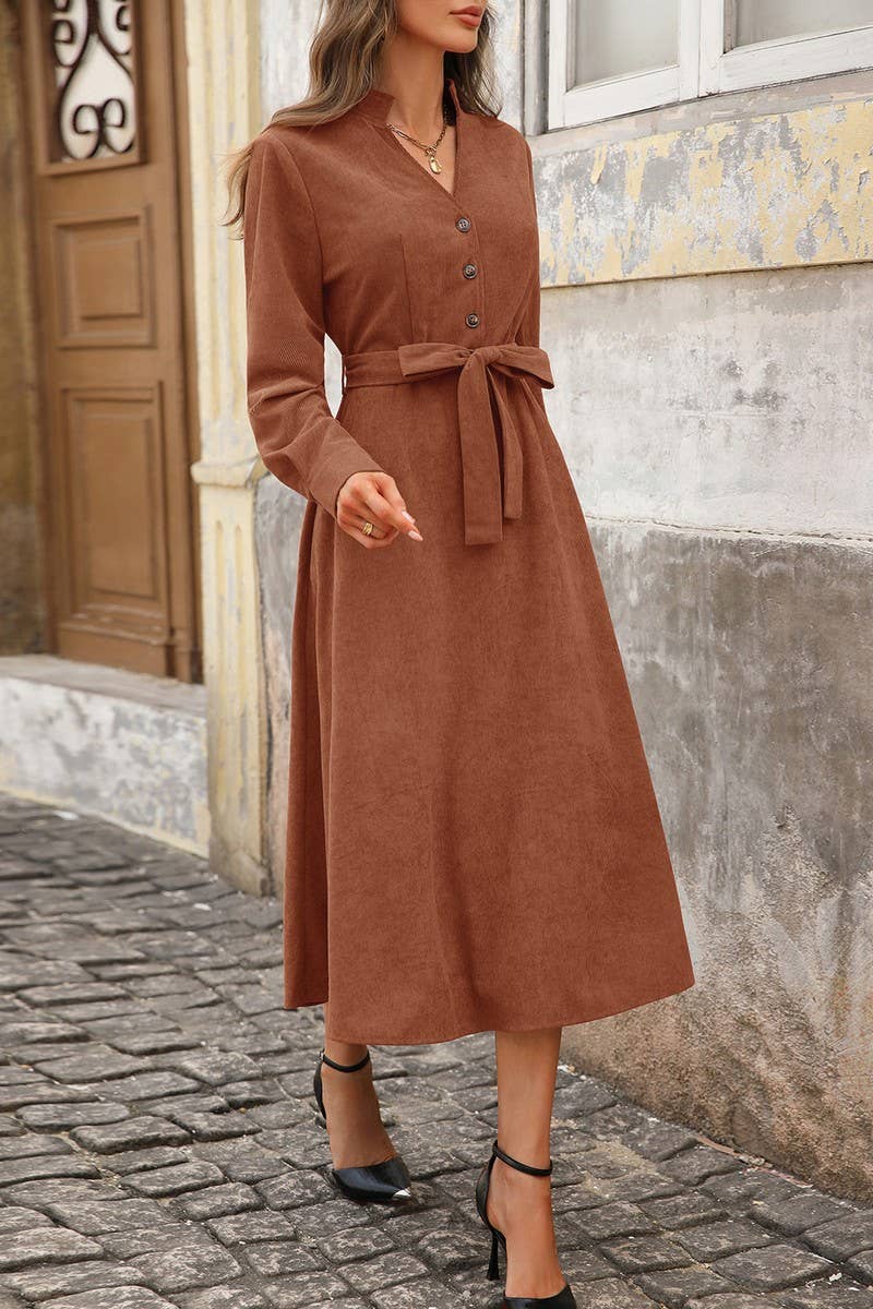 CWDMD01047_BROWN CORDUROY V-NECK LACE-UP COMMUTER DRESS