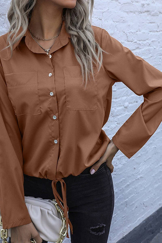 CWTSTL00958_LAPEL DRAWSTRING LONG SLEEVE SOLID SHIRT