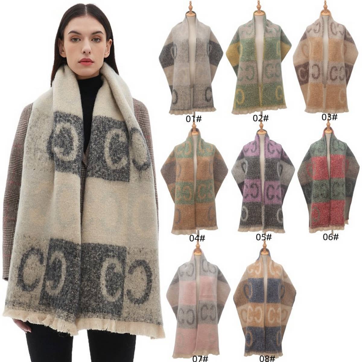 Letter Jacquard Scarf ? Winter Short Fringe Wrap