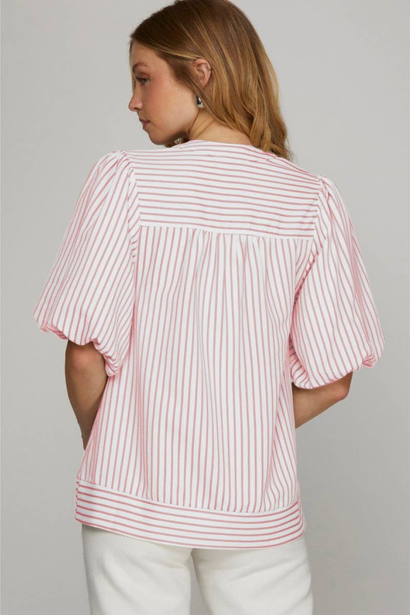 CWTBLS1814_SUMMER V-NECK PUFF SLEEVE STRIPED SHIRT