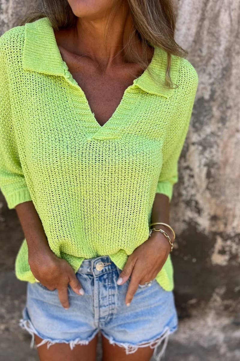 CWTBLL3943_SOLID V-NECK COLLAR KNIT BASIC TOP