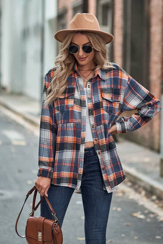 CWTSTL2484_LAPEL LONG SLEEVE POCKET CASUAL PLAID SHIRT